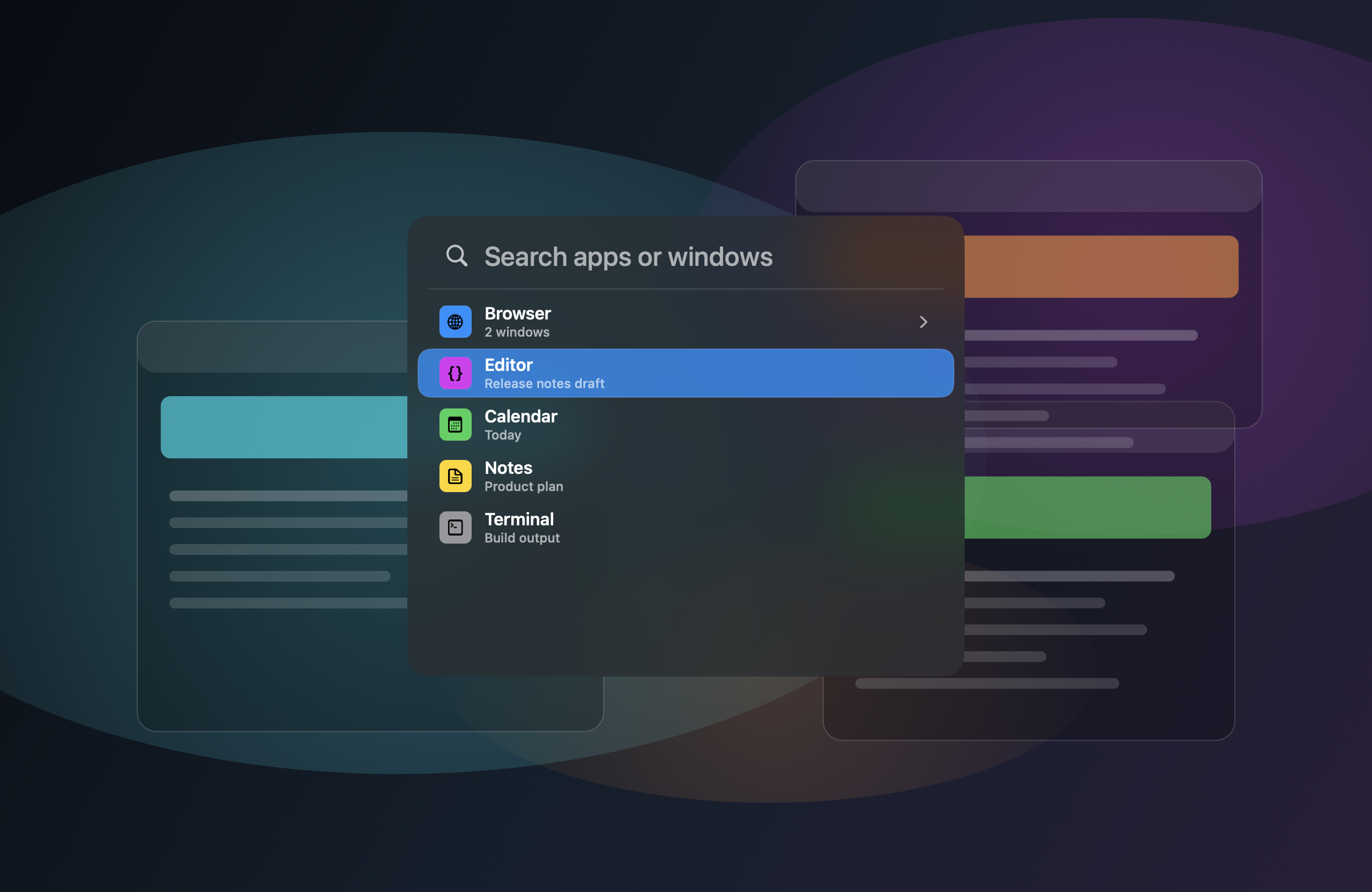 JumpCmd switcher showing searchable app rows and the selected Editor app.