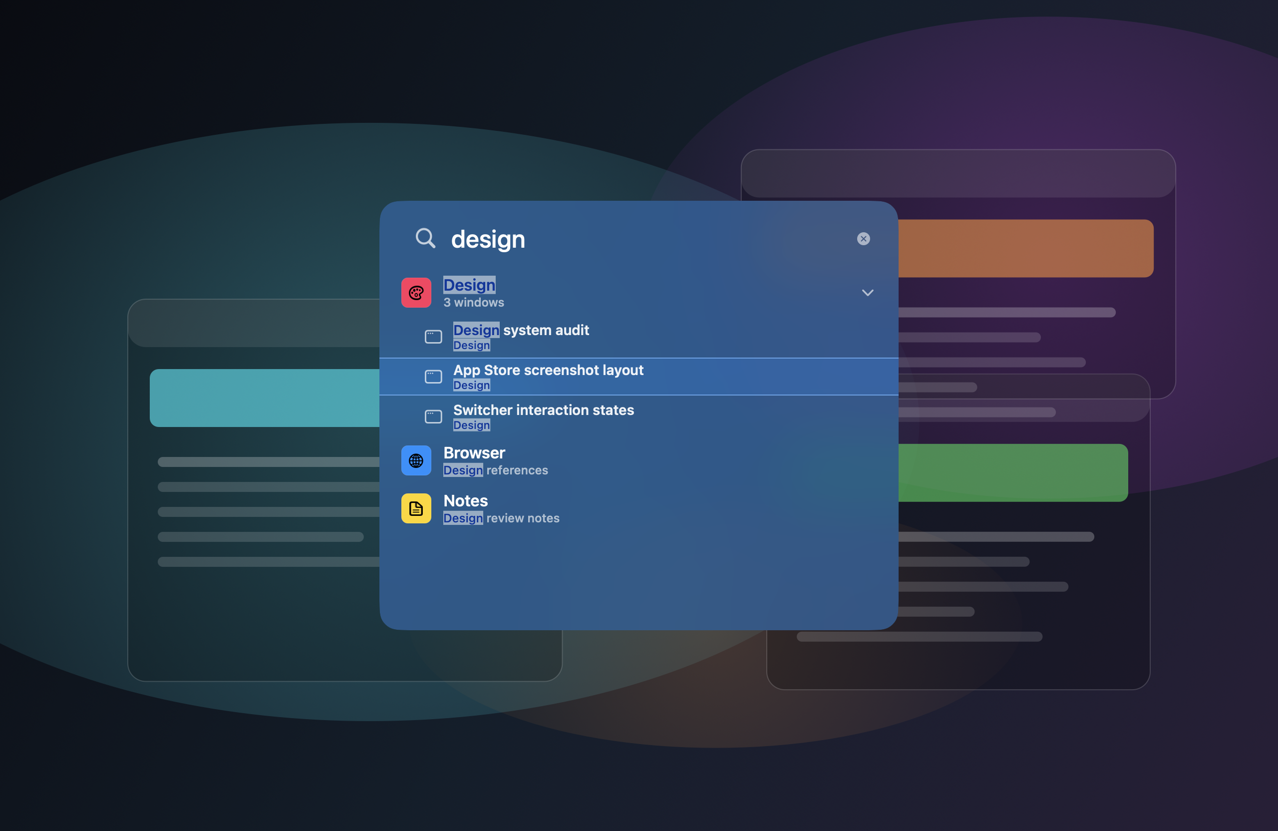 JumpCmd search results for design windows, with matching text highlighted.